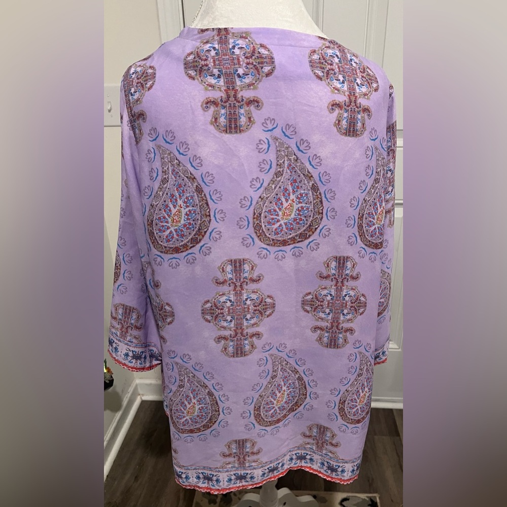 Violet & Claire 2X Top Tunic Purple Paisley Split Round Neck 3/4 Sleeve Bohemian - Picture 12 of 14